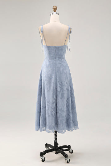 Dusty Blue A Line Midi Spaghetti Straps Wedding Guest Dress with Slit